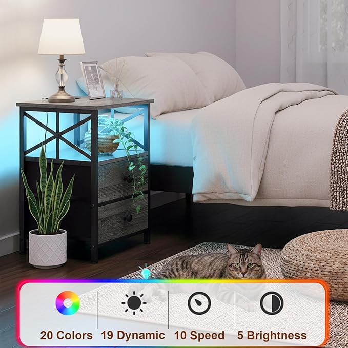 AMHANCIBLE Night Stand Set 2, LED Nightstand with Charging Station, End Tables Living Room with Fabric Drawers, Bed Side Table for Bedroom, Dark Grey HET052LDG
