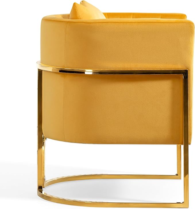 Velvet Modern Accent Chair, Upholstered Barrel Armchair Mid Century with Pillow for Living Room, Comfy Single Vanity Chair with Metal Gold Legs for Bedroom, Yellow