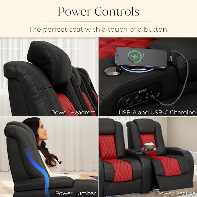 Seatcraft Diamante Zero-Gravity CoolZero Italian Leather Home Theater Seating, Power Headrest, Power Recline, Row of 5 Left Loveseat, Black/Red