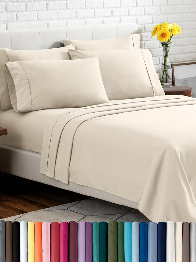 Bare Home Hotel Luxury King Sheet Set, Extra Soft - 6 Piece Set - Deep Pockets - Easy Fit - Cooling & Breathable - Wrinkle, Fade, Stain Resistant - Includes 4 Pillowcases (King, Sand)
