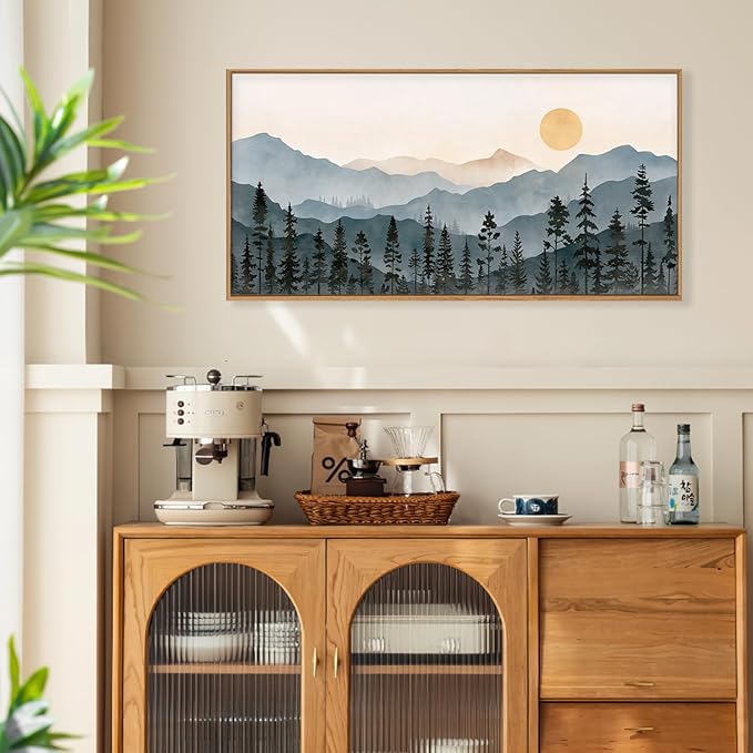 LHIUEM Boho Mountain Framed Canvas Wall Art Set,Forest Pine Tree Wall Decor,Nature Sunrise Wilderness Landscape Art Painting for Living Room,Bedroom,Dining Room,Office -20"x40"x1