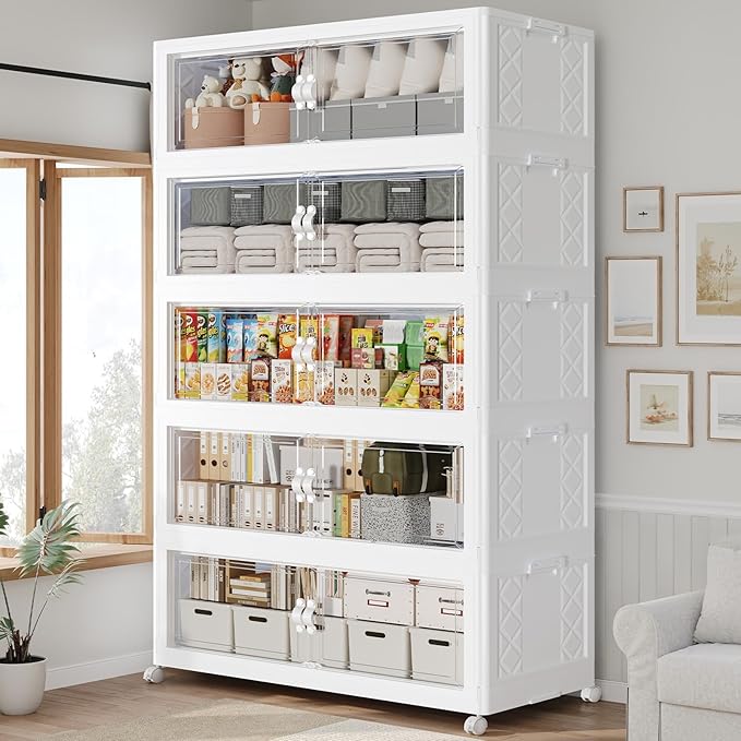 150Gal Stackable Storage Bins with Lid, 600Qt Extra Large Collapsible Storage Box with Doors and Wheels, Plastic Closet Organizer and Storage Cabinet Drawer for Home Kitchen, 5Pack White