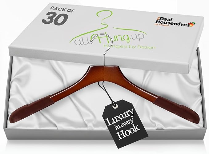 Premium Luxe Wooden Hangers for Women, Wide Shoulder Design for Dresses, Skirts, Sweaters & Blouses, Heavy Duty with Velvet Grip, High Gloss Brown with Brown Velvet, 30 pcs