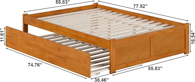 AFI Concord Full Solid Wood Platform Bed with Footboard & Twin Trundle in Light Toffee