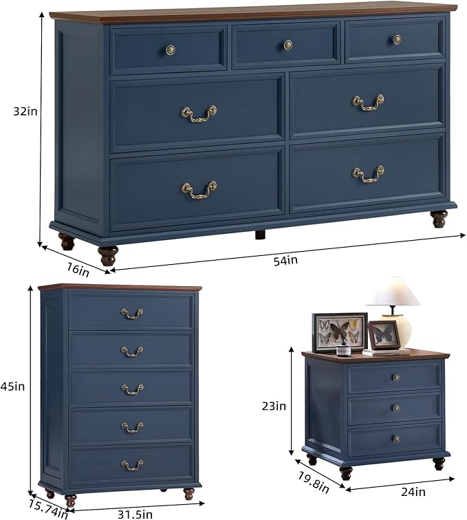 24" Wide Farmhouse Nightstand Set of 2, 54" 7 Drawers Dresser, 45" Tall Rustic Chests of 5 Drawers w/ 4 Solid Wood Feet, Farmhouse Furniture Series for Living Room,Bedroom,DarkBlue