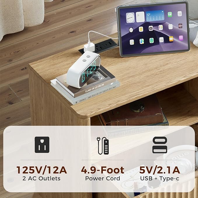 Evermagin Fluted Nightstand with Charging Station, Natural Oak Bedside Table with 2 Drawers, Wood End Table with Storage Mid Century Modern, Large Night Stand for Bedroom
