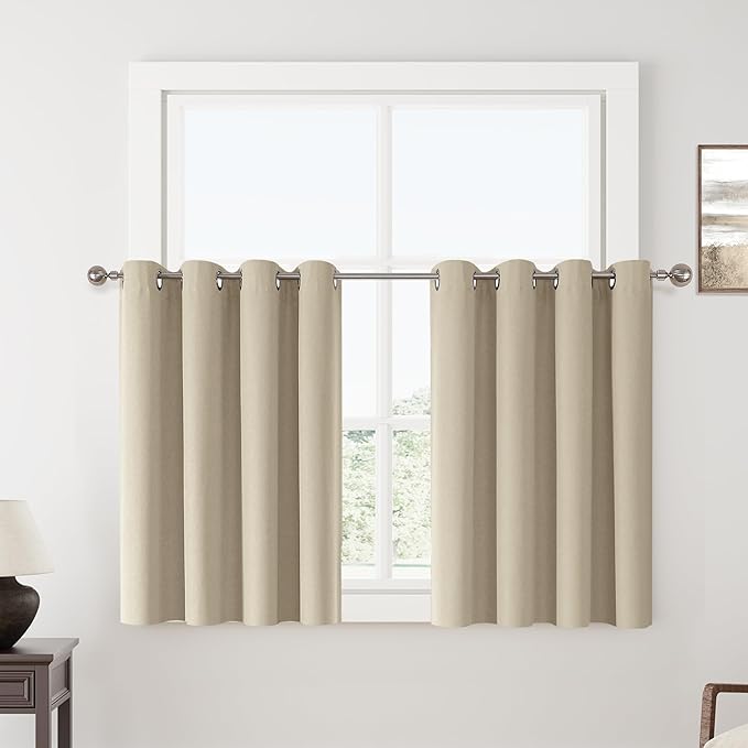 ChrisDowa 100% Blackout Natural Solid Solid Curtains 45 Inches Long 2 Panels for Bedroom Living Room,Farmhouse Room Darkening Thermal Insulated Soundproof Grommet Top Window Treatment Drapes,52x45