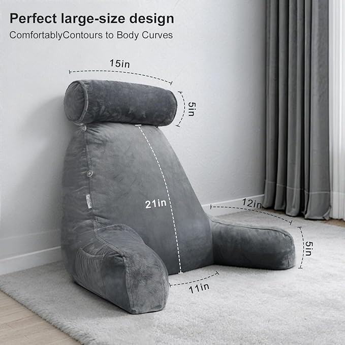 mittaGonG Extra Large Reading Pillow for Sitting in Bed Adult with Detachable Neck Support Cushion & Backrest Pillow for Bed with Arms and Side Pocket Shredded Foam Back Pillow with Washable Cover