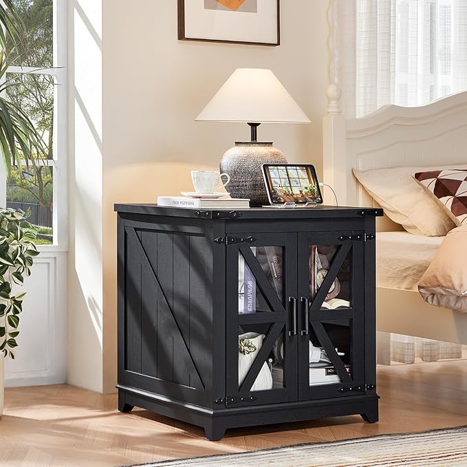 Farmhouse End Table Set 2, Narrow 18'' Night Stand with Glass Barn Door, 24" Square Side Table with Charger Station, Living Room Furniture Sets, Wood Nightstand Bedside Tables for Bedroom