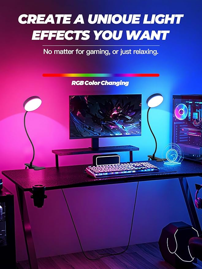 Desk Lamp,10 Colors RGB&Warm White Desk Light,10 Brightness Dimmable Clip On Lamp,500LM Bright Reading Light,USB Adapter Table Lamp for Office,Computer,Work,Study,Craft,Bedside Table,Bedroom