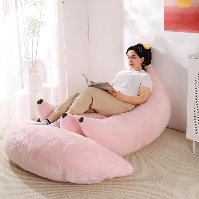 Banana Bean Bag Chair with Ottoman, Floor Sofa Bed with Footrest, Comfy Convertible Lounger for Adults, Plush Couch for Bedroom, Living Room or Dorm, L-Pink