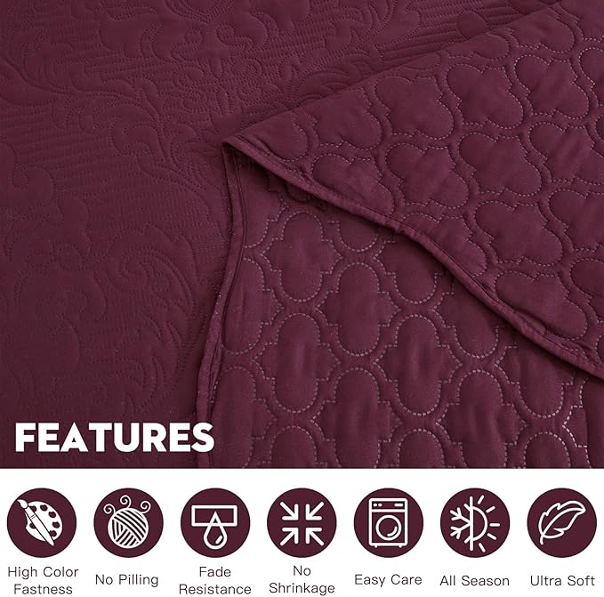CHIXIN Bedspread Coverlet Quilt Set Full Size - Lightweight Bedding Cover - Ultrasonic Quilting - 5 Piece Reversible Bedspread - Elegant Damask Paisley Pattern (Full, Purple)
