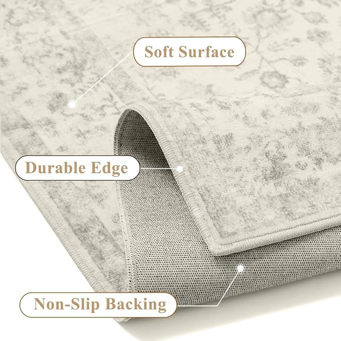 5x7 Grey Area Rug Non Slip Vintage Living Room Distressed Machine Washable Carpet Traditional Indoor Bedroom Grey Retro Floral Accent Throw Rug for Office Kitchen Dorm Dining Room