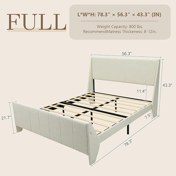 Brafab Full Boucle Upholstered Bed Frame with Wingback Headboard, No Box Spring Needed, Easy Assembly, Platform Bed with Wooden Slats, Beige