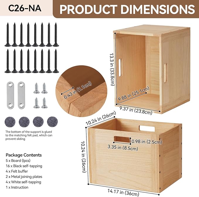 KIRIGEN Stackable Wood Storage Cube /Basket/ Bins Organizer for Home Books Clothes Toy Modular Open Cubby Storage System - Office Cubical Bookcase Closet Shelves C26-NA