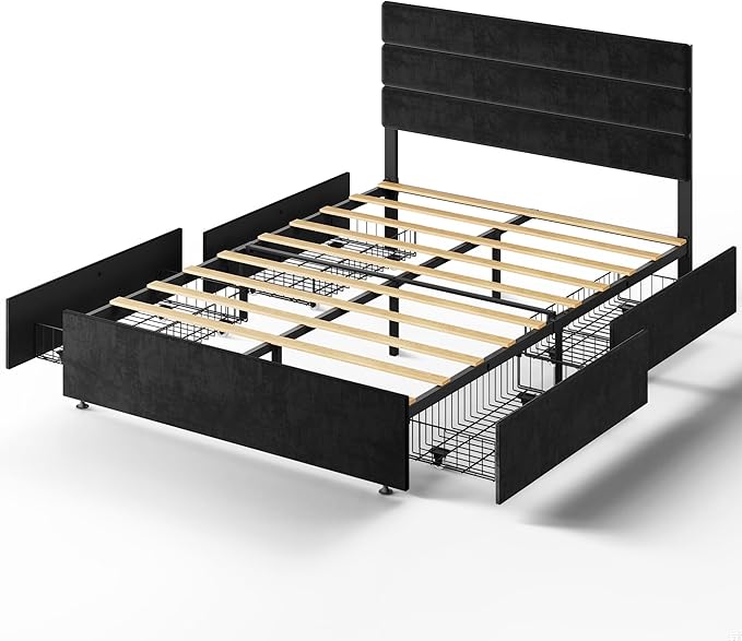 WLIVE Full Size Upholstered Bed Frame with 4 Storage Drawers and Headboard, Velvet Platform Bedframe, Sturdy Metal & Wooden Slats Support, No Box Spring Needed, Easy Assembly, Black