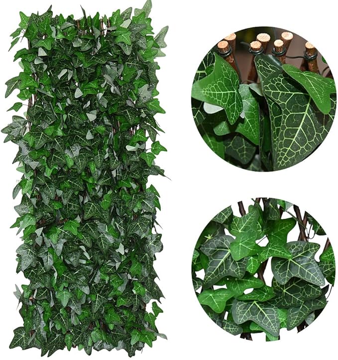 Expandable Fence Privacy Screen for Balcony Patio Outdoor,Decorative Faux Ivy Fencing Panel,Artificial Wax Gourd Leaf Hedges (Single Sided Leaves) (2, Green)