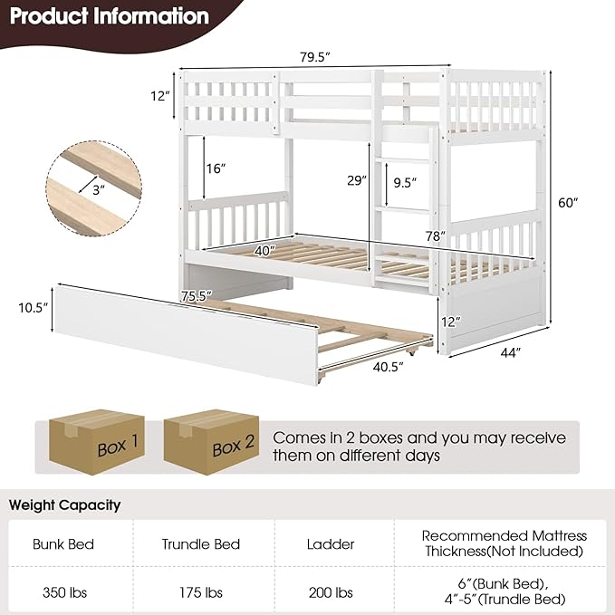 KOMFOTT Wood Twin Over Twin Bunk Bed with Trundle, Solid Pine Wood Bunk Bed Frame with Ladder & Safety Guardrails, Space-Saving Convertible Twin Bed Frame for Home & Dormitory, No Box Spring Needed