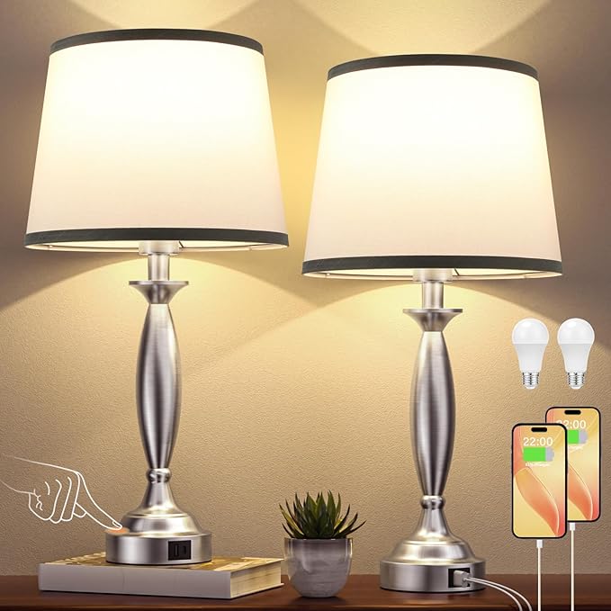 Seealle Lamps for Bedrooms Set of 2 - Touch Bedside Lamp with USB C+A, 3 Way Dimmable Nightstand Lamps with USB Port, Wood Table Lamp for Living Room Guest Room Bed Side End Table(Bulbs Included)