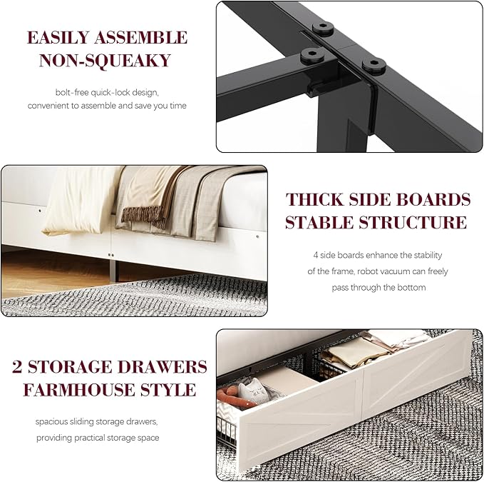 King Size Bed Frame with Bookcase Storage and Drawers, Farmhouse Bed with High Headboard, Charging Station and LED Lights, No Box Spring Needed, Noise Free, Easy Assembly, Antique White