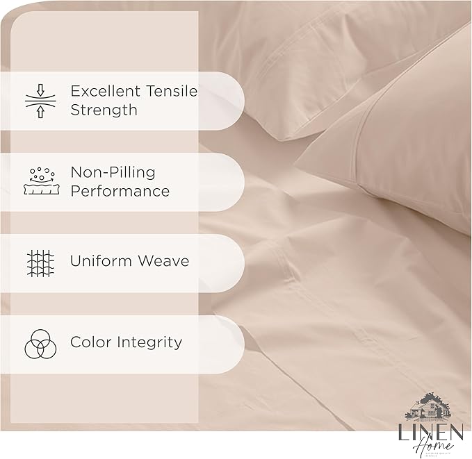Linen Home 100% Cotton Percale Sheets California King Size, Sand Shell, Deep Pocket, 4 Pieces Set - 1 Flat, 1 Deep Pocket Fitted Sheet and 2 Pillowcases, Crisp Cool and Strong Bed Linen