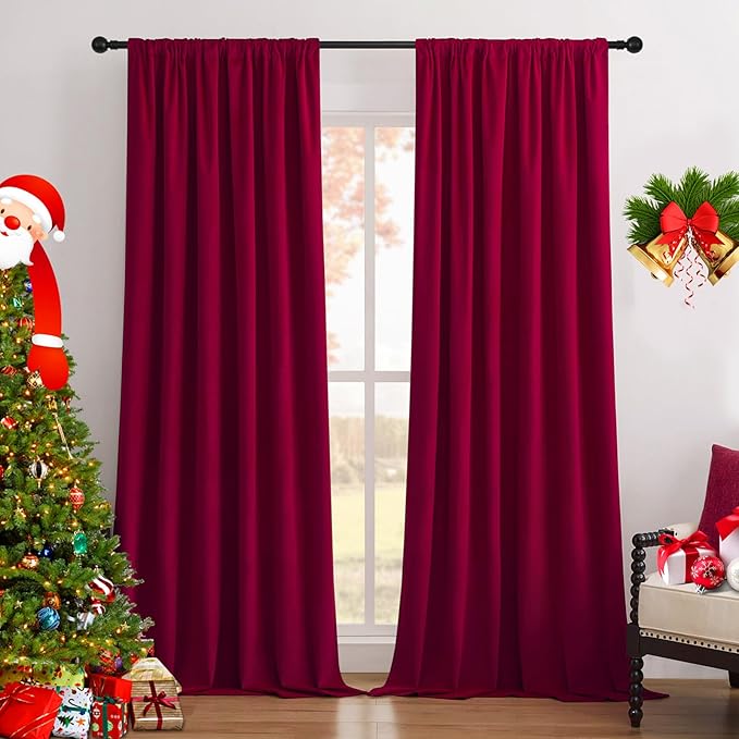 Joydeco Red 100% Blackout Curtains 120 Inch 2 Panels, Luxury Thermal Red Velvet Curtains for Bedroom Living Room, Soundproof Blackout Window Drapes, Rod Pocket & Back Tab (52W x 120L)