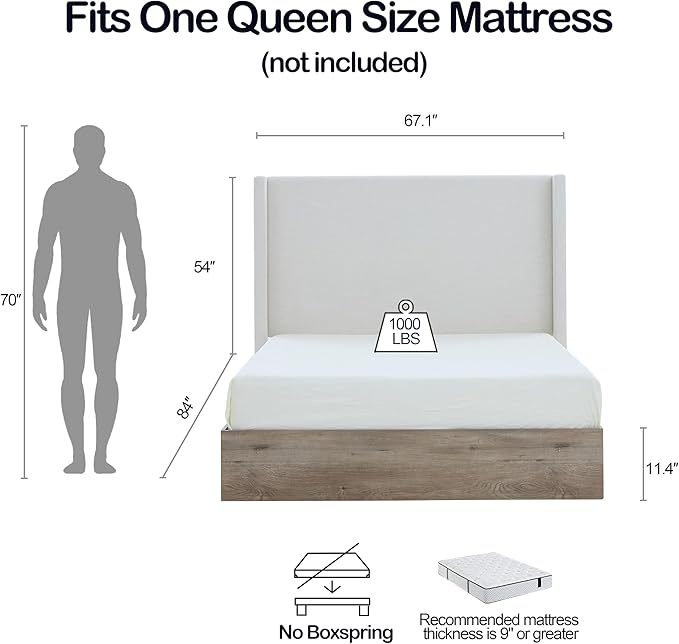 Queen Size Upholstered Bed Frame, 54" Tall Headboard Shelton Wingback Bed Frames, Wood Base Platform Beds, No Box Spring Needed No Noise, Rustic Modern Farmhouse,Textured Ivory Canvas Chenille