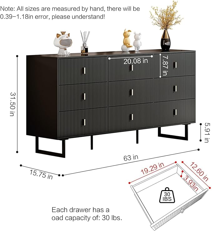 Modern Chest of Drawers with 9 Drawers,Deep Drawers,Clothes Organizer,Large Storage Cabinet for Living Room, Bedroom,Hallway,with Anti-Tipping Device,Dark