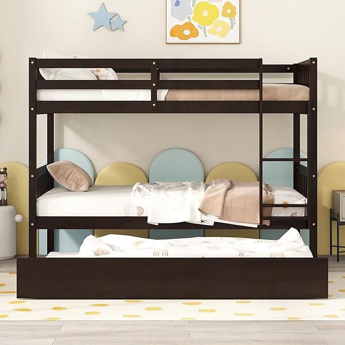 Bellemave Twin Over Twin Bunk Bed with Trundle,Convertible Bunk Beds with Ladder & Safety Guardrails,Twin Size Bunk Beds for Kids Girls Boys,Espresso