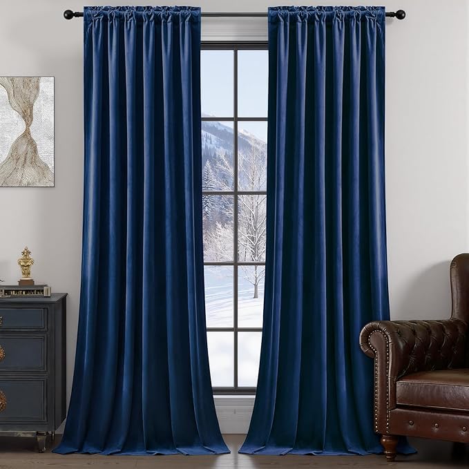 Navy Blue Velvet Blackout Curtains 84 Inches for Bedroom, Room Darkening Drapes Super Soft Elegant Thermal Insulated Privacy Window Curtain for Living Room, Back Tab Rod Pocket, W52 X L84, 2 Pcs