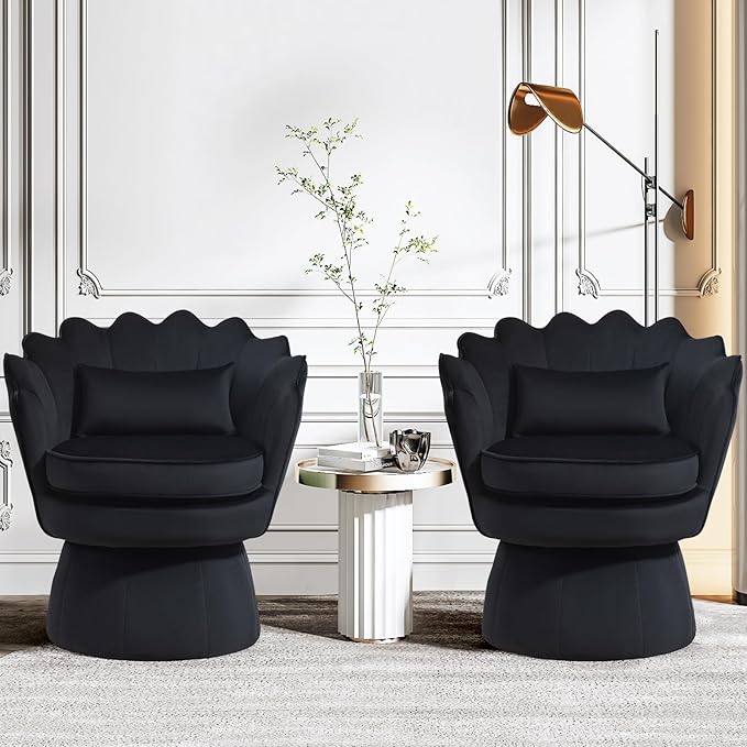 360° Swivel Accent Chairs Set of 2, Mid-Century Modern Velvet Barrel Chair, Comfy Shell Shape Arm Chair with Lumbar Pillow for Living Room, Bedroom, Office, Black