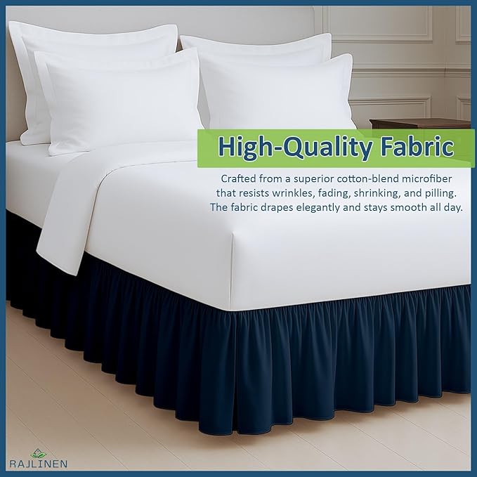 Rajlinen Ruffled Bed Skirt Full XL, 12 Inch Drop Dust Ruffle with Split Corners, 100% Microfiber Bedskirt with Platform, Three-Sided Coverage Ruffled Gathering Design, Navy Blue