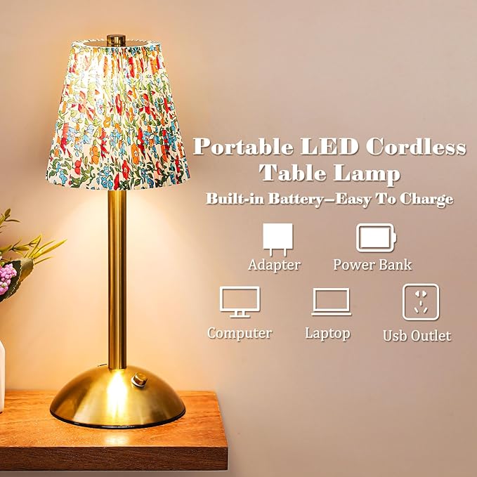 Liliful 2 Pcs Cordless Table Lamp Rechargeable Touch LED Small Gold Portable Battery Operated USB-c Desk Lamp 3 Color Dimmable for Bedroom Living Room Dining (Gold,Floral Style)