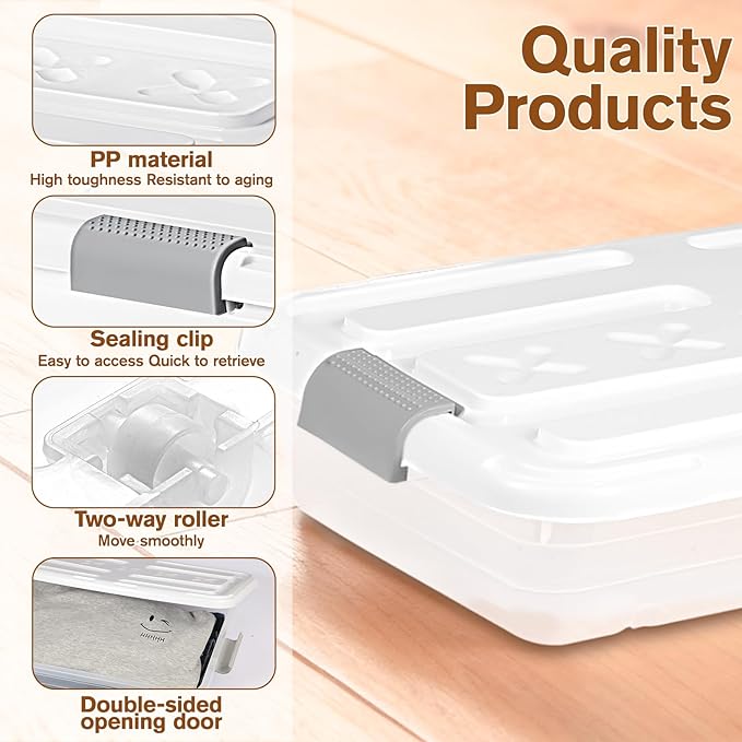 4 PCS*37 Qt Wheeled Latching Under Bed Storage, Stackable Bin with Latch Lid, Plastic Container to Organize Shoes Underbed, Clear with White Lid(White)