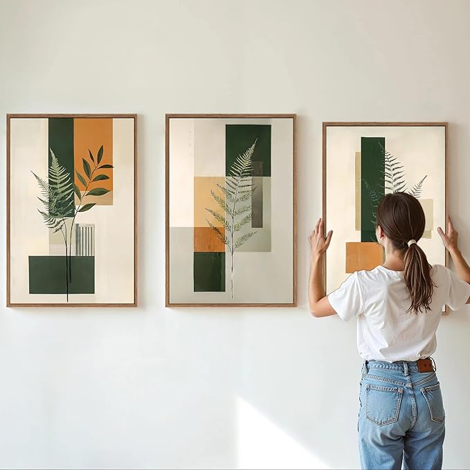 Yeehomedec Sage Green Fern Leaf Framed Canvas Wall Art, Boho Abstract Wall Decor, Rustic Neutral Modern Botanical Art Print, Beige Minimalist Plant Artwork for Living Room Bedroom Office Bathroom 16"x24"x3