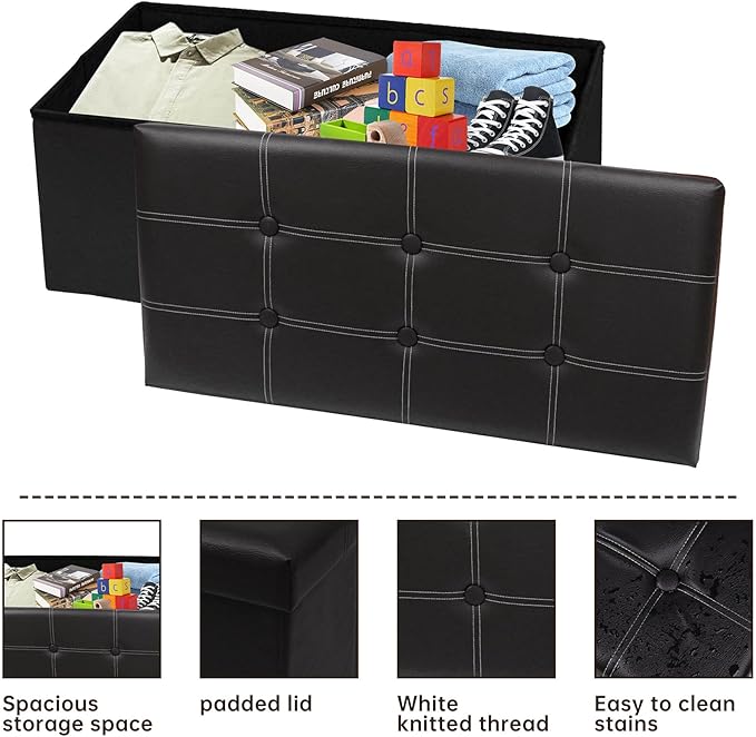 xupersodys 30 Inches Folding Storage Ottoman Bench, Faux Leather Footrest Ottoman, Storage Trunk Footstool for Bedroom, Living Room and Hallway, Support 350lbs, Black (White line)