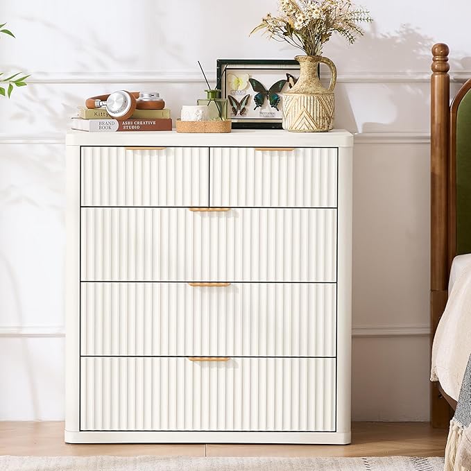 LEYAOYAO Fluted 5 Drawers Dresser for Bedroom Set of 2, 34" Tall Modern Chest of Drawers with Metal Handle, Curved Profile Design,White Wood Drawer Organizer for Bedroom, Living Room, Hallway