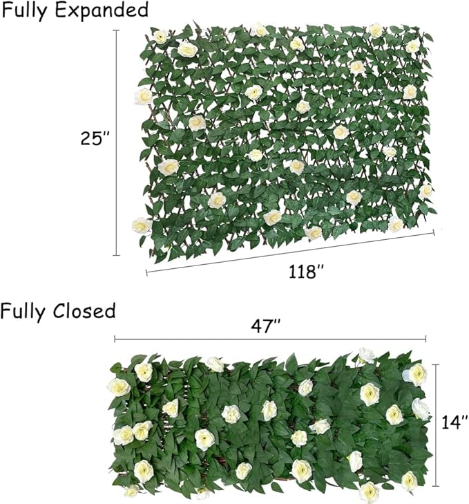 GLANT Expandable Fence Privacy Screen for Balcony Patio Outdoor,Decorative Faux Ivy Fencing Panel,Artificial Hedges (Single Sided Leaves) (4, White Rose)