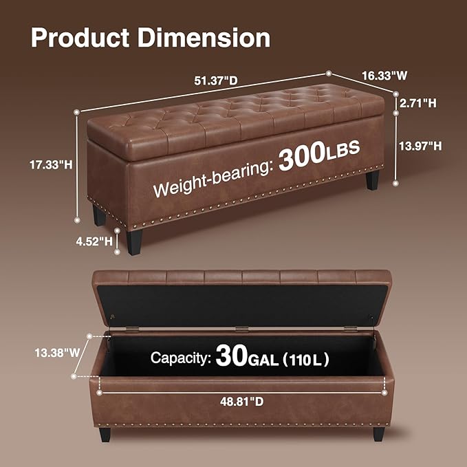 Storage Ottoman Bench,51-Inch Large Storage Bench for Bedroom End of Bed, 30 Gallons Faux Leather Ottoman with Storage for Bedroom, Living Room, Entryway, Hallway,Brown