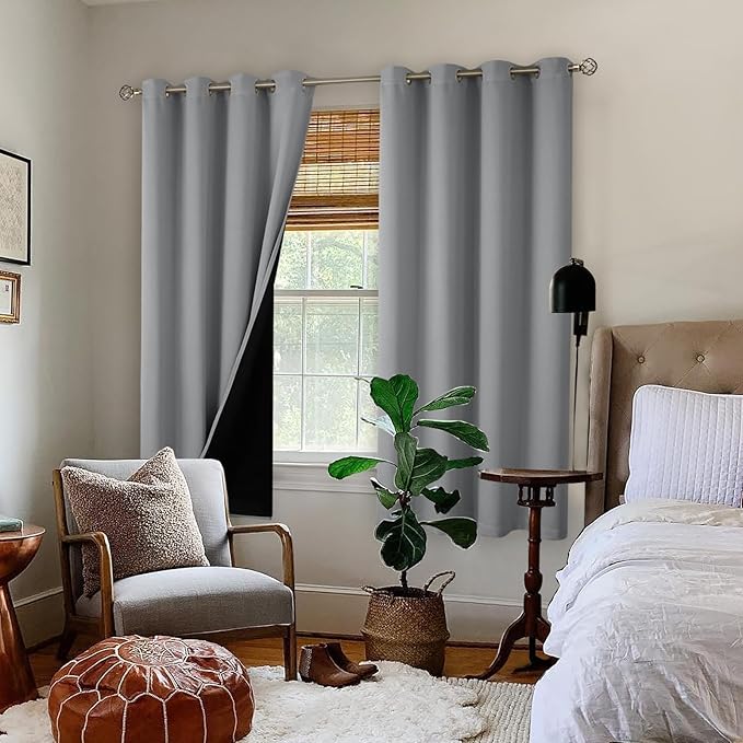 BGment Thermal Insulated 100% Blackout Curtains 63 Inch Length 2 Panels, Total Light Blocking Curtains for Bedroom, Grommet Window Drapes with Thick Black Liner, 52 Inch Wide Each Panel, Dove Grey
