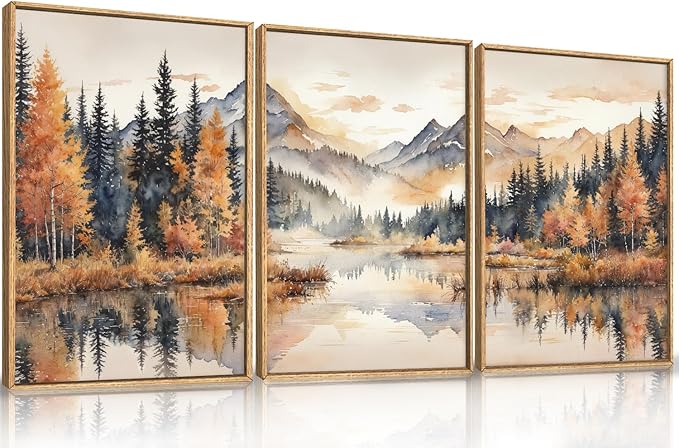 LHIUEM Large Neutral Mountain Framed Canvas Wall Art,Nature Foggy Forest Wall Decor,Watercolor Autumn Landscape Wall Painting,Woodland Artwork for Living Room,Bedroom,Dining Room,Office -16"x24"x3