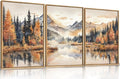 LHIUEM Large Neutral Mountain Framed Canvas Wall Art,Nature Foggy Forest Wall Decor,Watercolor Autumn Landscape Wall Painting,Woodland Artwork for Living Room,Bedroom,Dining Room,Office -16"x24"x3