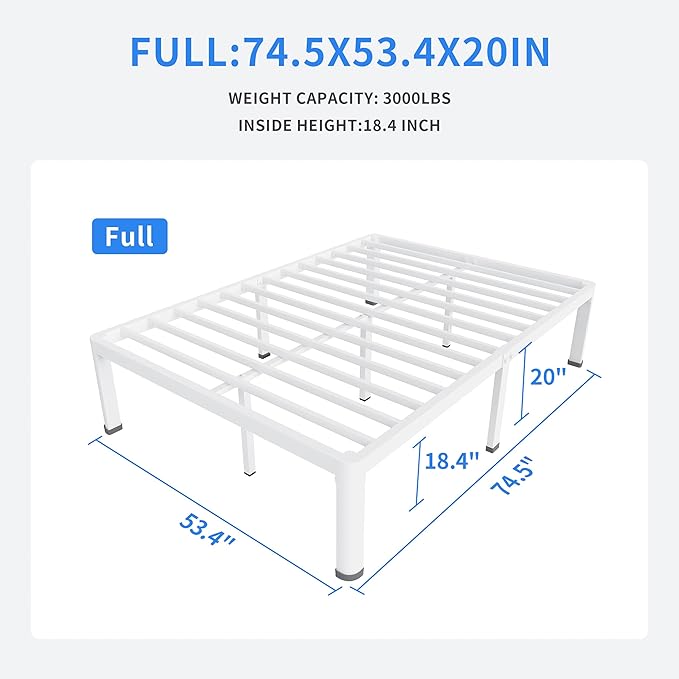 MAF 20 Inch Full Size Bed Frame White with Round Corner Legs Mattress Slide Stopper No Box Spring Needed Heavy Duty Metal Platform Bed Frames Under-Bed Storage Space, 3000 LBS Steel Slats Support