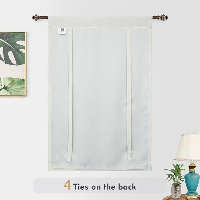 DriftAway Double Layer Linen Blackout Tie Up Curtains Thermal Insulated Fully Lined Balloon Roman Shade Bathroom Window Adjustable Rod Pocket for Small Window 39 Inch by 55 Inch Ivory Cream