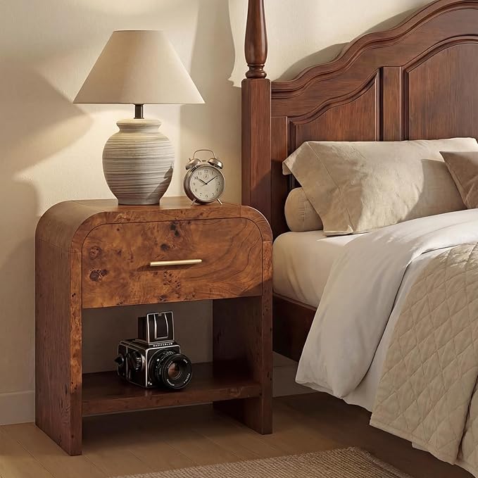 Night Stand [Unique Curved Profile] [FSC-Certified Wooden Board] 1-Drawer and 1 Storage Shelf Nightstand 24" H Metal Handle Modern Bedside Table Side Table End Table