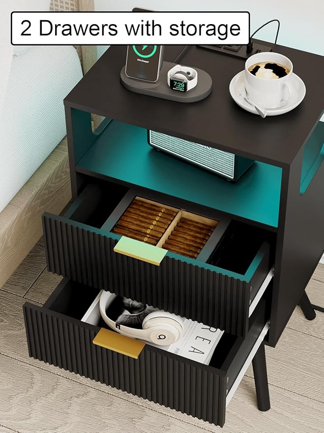 Nightstand with Charging Station and LED Lights, Modern Bedside Table with 2 Storage Drawer and Open Wood Shelf for Bedroom and Small Spaces, Night Stand with Solid Wood Legs