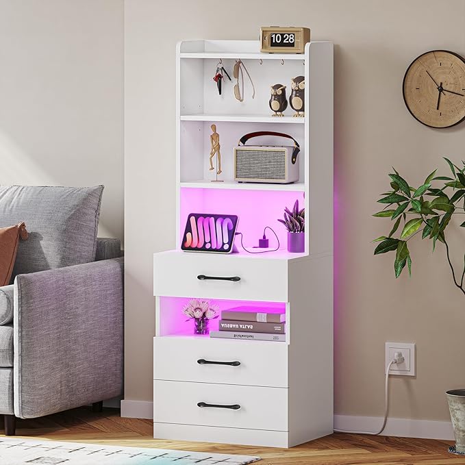 VIAGDO Tall Nightstand with Charging Station and LED Lights, Large White Night Stand with Bookshelf, Modern LED Bedside Table with 3 Drawers and Storage Shelves, End Side Table for Bedrooms, Dorms