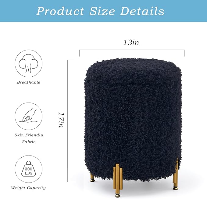 Mxfurhawa Round Ottoman Foot Stool with Storage and Metal Legs for Living Room Bedroom, Velvet Upholstered Footrest Stool Support 300lbs Modern Padded Seat Ottoman Coffee Table (Black-Long Wool)