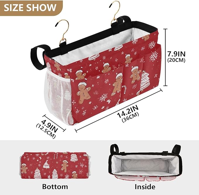 Bedside Caddy Hanging Bunk Bed Caddy Bed Organizer Hanging Pocket with 2 Hooks Bedside Storage Organizer Pocket Bag Holder Gingerbread Christmas Tree01