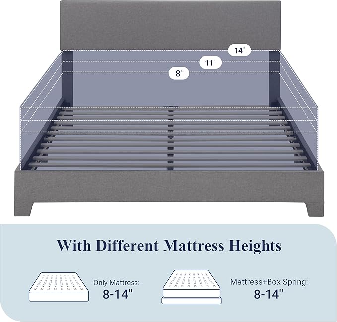 Allewie Queen Bed Frame with Upholstered Adjustable Headboard, Platform Bed with Wood Slats, Heavy Duty Mattress Foundation, No Box Spring Needed, Easy Assembly, Light Grey